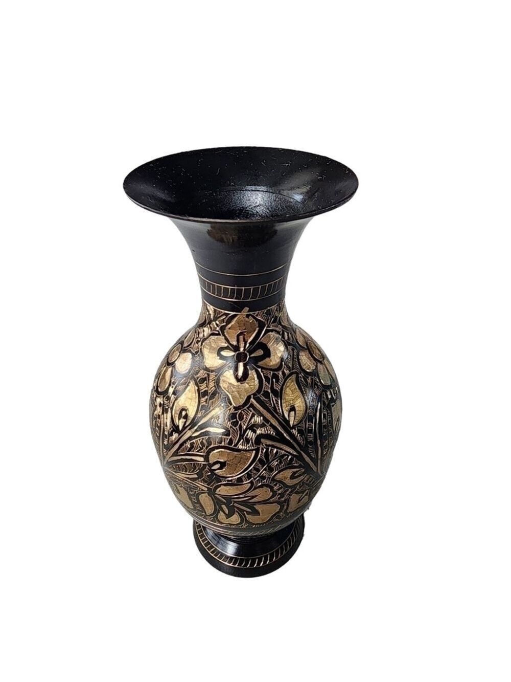 Vintage Indian Brass bud vase etched gold black floral design